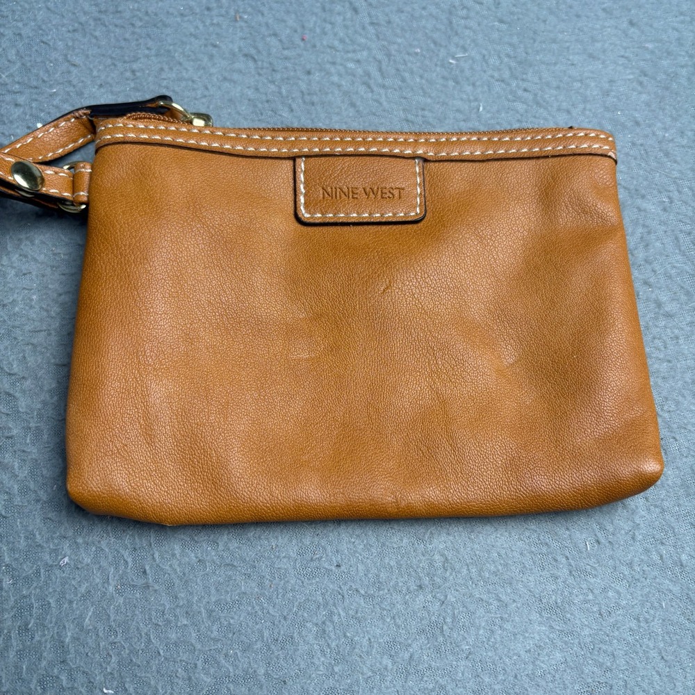 Nine West Cognac Brown Faux Leather Wristlet Pouch with Blue Lining